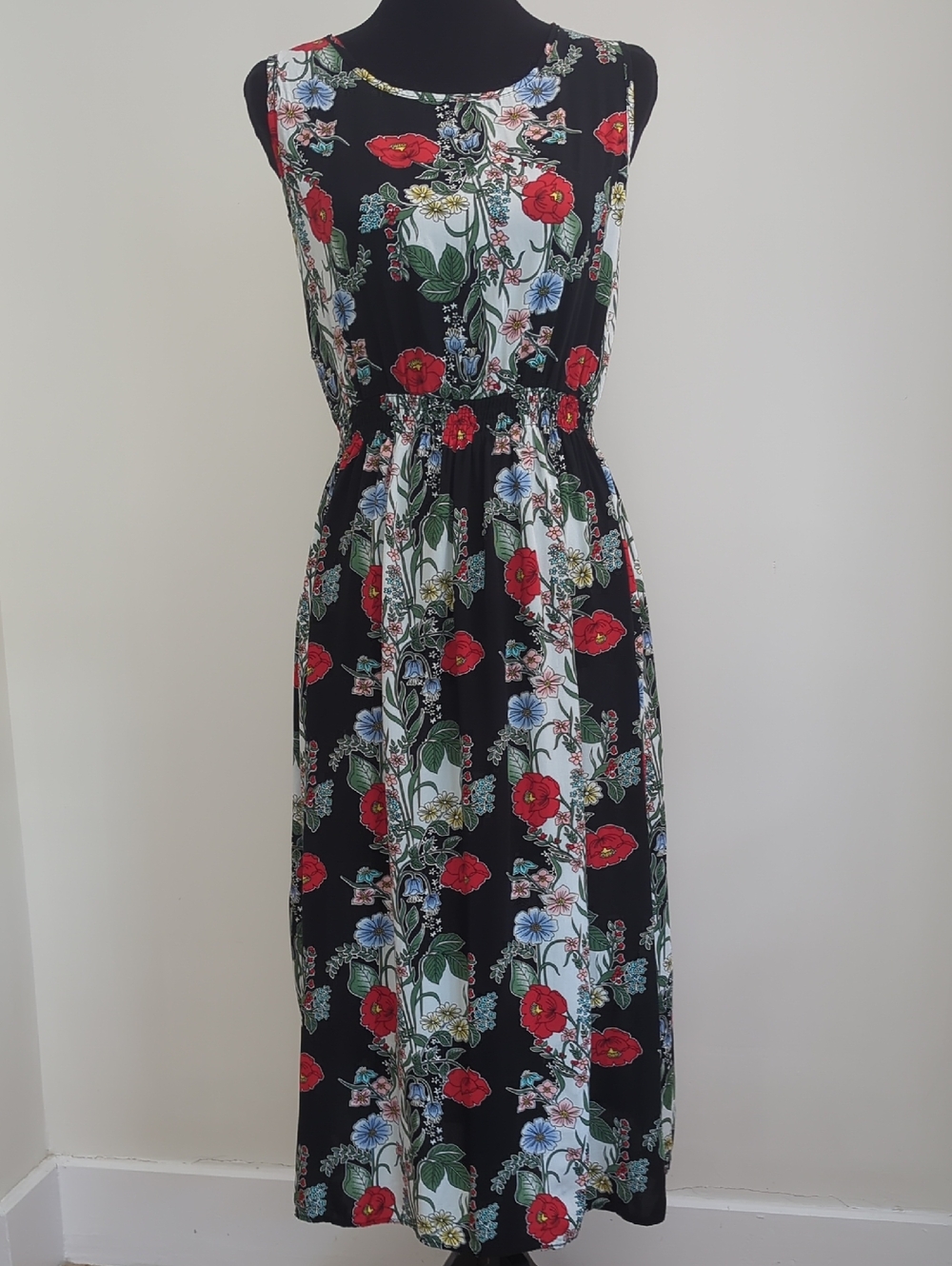 Balinese Handmade Smocked Floral Maxi Dress with Red & Blue Blooms MEDIUM